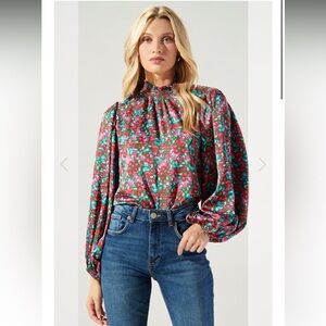 Sugarlips SEREIA FLORAL FIGARO BALLOON SLEEVE SATIN BLOUSE in multi